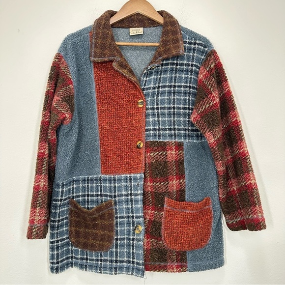 Koret City Blues Size Large Vintage Patchwork Red Blue Fleece Chore Coat Cottage - Picture 1 of 5